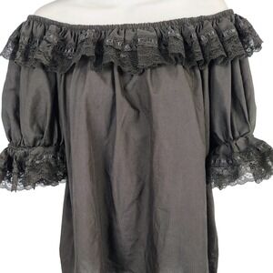 Womens SZ XL Off Shoulder Lace Trim Ruffle Blouse Black Goth Victorian Steampunk